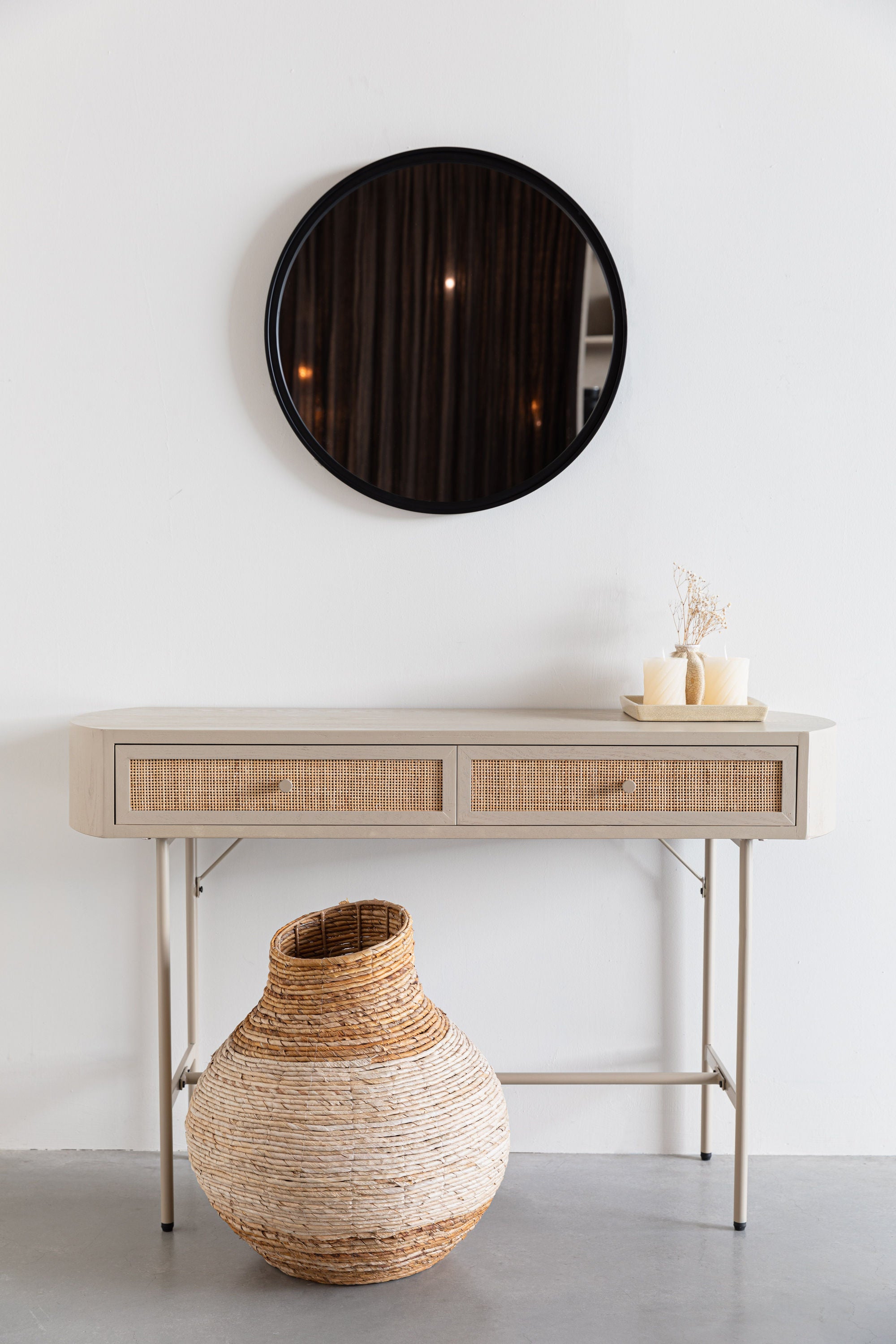 Amaya Beige Wood & Natural Rattan Console Table | 2 Doors